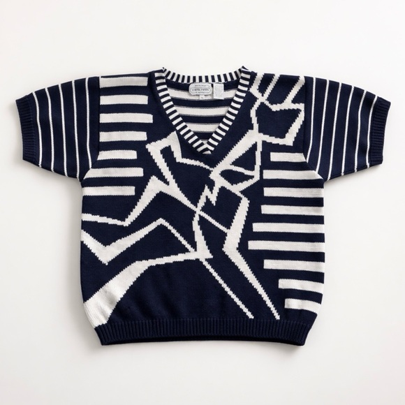 Vintage Jeanne Pierre Navy & White Graphic Knit Top S | Short Sleeve V-Neck - Picture 3 of 8